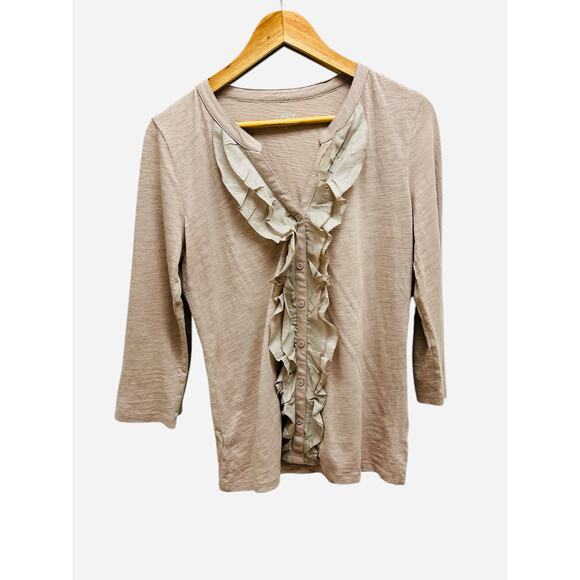 Ann Taylor LOFT Ruffle Button Cardigan Top Cotton Medium Beige - Picture 1 of 8